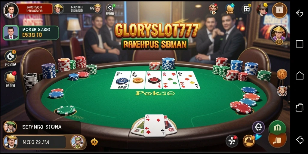 Tampilan antarmuka <strong>GLORYSLOT777</strong> saat bermain poker dengan fitur-fitur menarik.