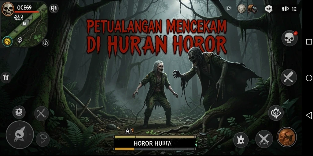 Antarmuka menyeramkan OCE69 saat menjelajahi hutan yang gelap.